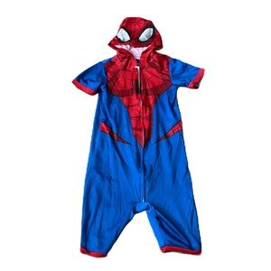 Marvel Blue Red Spiderman Pajama Set One Piece Romper Hooded XS Shorts